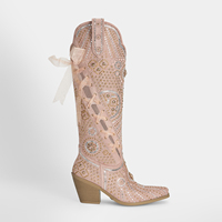 WETKISS Bottes Western à talon carré, hauteur genou, à lacets, style Loretta, avec strass roses, pour Cosplay