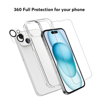 3in1 Étui transparent en cristal pour téléphone avec protecteur d'écran en verre trempé avec protecteur d'objectif de caméra pour iPhone 16