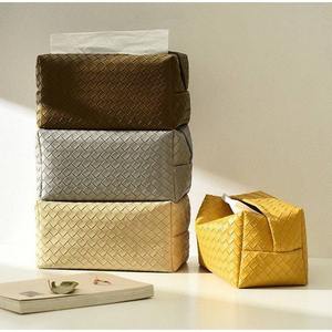 Caja de almacenamiento de pañuelos de cuero PU trenzado, servilleta de entrada de escritorio de lujo para coche, soporte de papel, artesanías de cuero hechas a mano - Product Image 1