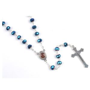 블루 크리스탈 비즈 예루살렘 십자가 묵주 종교적 성스러운 흙 메달 가톨릭 묵주 캡 링크 체인 목걸이 완벽한 선물 - Product Image 4