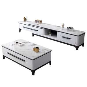 Ensemble meuble TV et table basse en pierre frittée de luxe léger pour petits salons, en bois massif moderne extensible - Product Image 2