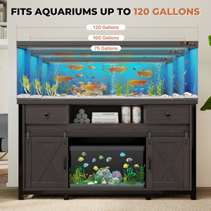 Soporte de Acuario Industrial de Metal y Madera con Tomacorriente, Puertas Correderas Tipo Granero y Estantes Ajustables - Product Image 2