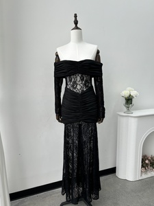 Robe longue moulante élégante en maille et dentelle T-1557 pour femme, manches longues, sexy, épaules dénudées, transparente, décontractée, pour <span class=keywords><strong>soir</strong></span>ée et fête estivale - Product Image 6