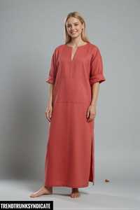 Caftán Maxi Rojo de Lino y Algodón para Mujer, Corte Regular, Cuello en V, Ecológico, Transpirable, Estilo Línea A, para Fiestas - Product Image 2