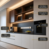Buffet moderne sur mesure | Blanc mat + Noyer grille ouverte | Niche pour four encastrable | Bande LED | Vente en gros OEM