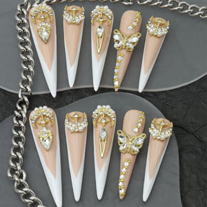 Uñas Postizas de Lujo Hechas a Mano, Estilo Stiletto, Punta Francesa, 10 Piezas, Reutilizables, Acrílicas, con Diseño de Mariposa - Product Image 1