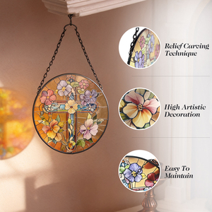 Atrapasueños de Vitral de 7.8'' con Cruz y Flores Silvestres, Decoración Cristiana para Ventanas, Atrapasueños, Arte para Hogar y Jardín, Regalo - Product Image 4