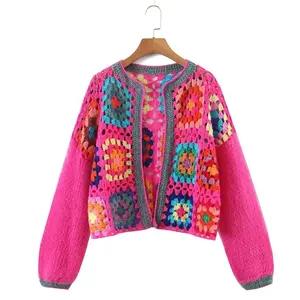 Best Selling Cardigan Knitted Sweater Women Tops Square Hand Crochet Plaid Pattern Knitted Jacket