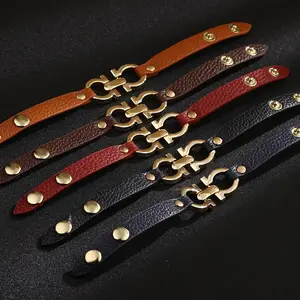 À la mode en cuir véritable hommes bijoux couleur or métal rond fermoir à ressort Simple cuir corde Bracelet pour hommes hommes cadeaux