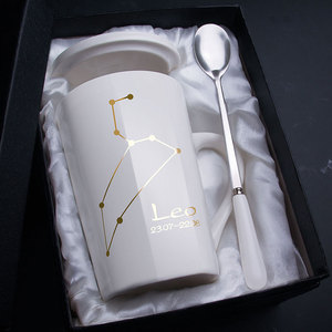 Tasse à café en porcelaine personnalisée avec signe du zodiaque, 12 constellations, mug en céramique avec couvercle et cuillère - Product Image 2