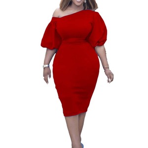 Robe élégante grande taille Tongle pour femme, nouvelle collection été 2024, couleur unie, épaule asymétrique, manches bouffantes, style <span class=keywords><strong>OL</strong></span>, D218 - Product Image 5