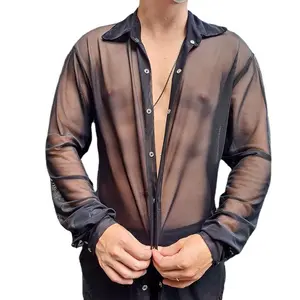 Gece kulübü seksi stil erkek şeffaf kısa kollu gömlek sokak fotoğraf trendi uzun kollu gömlek