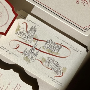 Invitación de Boda de Lujo con Impresión en Vainilla, Color Borgoña, con Relieve, Mapa de Boda Ilustrado Personalizado, Impresión en Dorado - Product Image 2
