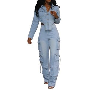 New Casual Long Sleeve Long <b>Pants</b> Multi-Pocket Washed Denim Two Piece Set Women Fashion - Product Image 1