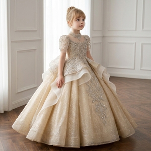 Robe de demoiselle d'honneur Wn1798 Champagne, style princesse, ornée de perles, longueur ras du sol, col montant, 100% Polyester, pour mariage d'enfants avec traîne - Product Image 1