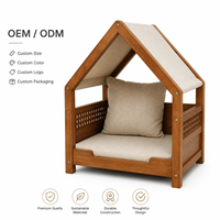 Haustierbett im Holzhaus-Design mit Gummibaumholzrahmen, abnehmbarem Baumwoll-Leinen-Stoff, individuellem Logo, Eigenmarke, Großhandel für Haustierbetten