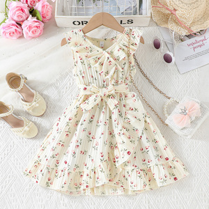 Ropa para Niños de 4 a 8 Años, Vestido de Flores sin Mangas con Cuello de Volantes y Encaje, Estilo Moderno para Niñas Pequeñas, de Fábrica - Product Image 1