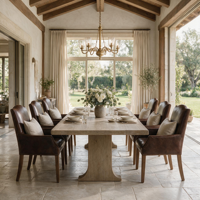 Table à manger rectangulaire en chêne clair rustique contemporain avec pieds en forme de piédestal évasé pour projets résidentiels et intérieurs commerciaux