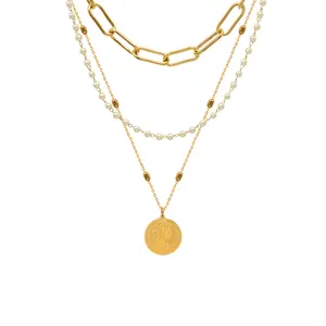 Collar de perlas con nombre personalizado para mujer, joyería de diseño, moneda de oro, moneda, cadena con perlas cultivadas gruesas