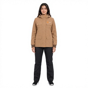Chaqueta Impermeable con Capucha para Mujer, Color Bronceado, Resistente al Viento, con Bolsillos de Parche y Botones Cubiertos, para Otoño - Product Image 1