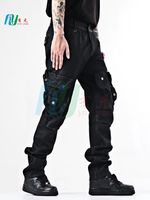Jeans en denim pour homme, coupe skinny, effet empilé, grande taille, multi-poches, décontracté, coupe droite, couleur unie, extensible, noir