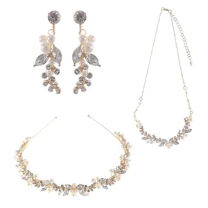 Women Wedding Jewelry Set With Tiara Necklace Earring Fashion Pearl Jewelry Sets