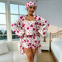 P584 Rosa-Schwarzes Herz-Print Geripptes 4-teiliges Pyjama-Set mit Duschhaube, Camisole, Shorts und Bademantel für Damen