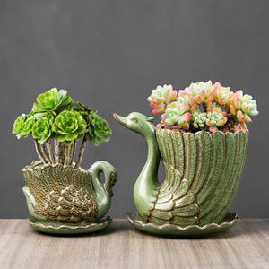 19A19 Мультяшные животные, лебеди, мясистые зеленые цветочные горшки, зеленые глазированные Керамические домашние декоративные цветочные горшки. - Product Image 2