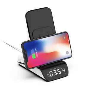 Multifunction Tabletop Wireless Charger Blue Tooth Music Player HD Display Alarm Clock Wireless Charger For Phone With Holder