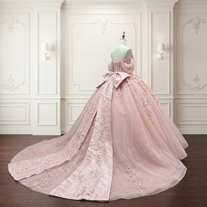 Robe de bal Lsmc137 en satin avec appliques de perles, longueur ras du sol, taille naturelle, traîne chapelle, style vintage, pour soirée, Quinceañera ou mariage - Product Image 2