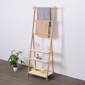 Factory Customized Bathroom Ladder Stand Folding <strong>Towel</strong> Rack Bathroom Shelves Wooden Organizers Rack with 3 Shelves &amp; <strong>Rails</strong> - Product Image 2