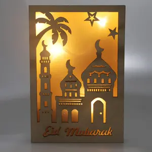 New Arrival Wooden Cutout Plaque Muslim Eid Mubarak Decorative Ramadan Craft Moon Star LED Light Gift Ornaments