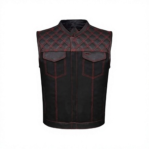 Chaleco de Cuero Negro para Hombre, Estilo Motero, con Costuras Rojas, Diseño Acolchado, Cuello Mao, Cortavientos, Prenda Exterior Sólida para Invierno - Product Image 2