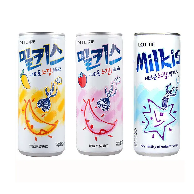 Korea Lotte milkis เครื่องดื่มน้ำอัดลม250มล., เครื่องดื่มอัดลมรสสตอเบอร์รี่รสดั้งเดิม