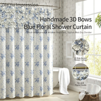 Tirai Mandi Poliester Anti Air Anti Jamur Motif Bunga Biru Gaya Farmhouse Vintage 3D dengan Aksen Ruffle Prancis Mewah