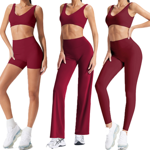 Sports Bra and Shorts Set <strong>Brown</strong> <strong>Leggings</strong> Black Flare Pants Foldover Shorts Sexy Strip Sports Bra - Product Image 1