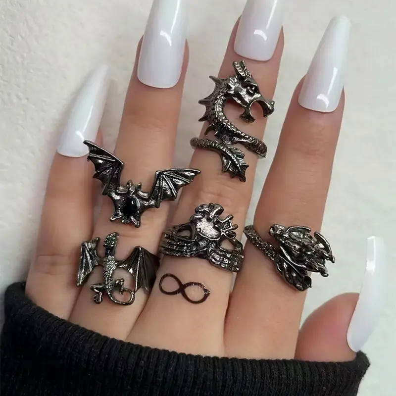 Vintage Hip Hop Punk Dragon Snake Butterfly Bat Skull Retro Knuckle Joint Rings Women Gothic Finger Ring Set New Jewelry