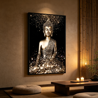 Toile murale verticale avec portrait de Bouddha doré brillant, impression numérique sur fond noir, effet lumineux scintillant, religieux, zen