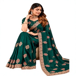 Vexotrend India Pakistan Premium Velvet Satin Traditional Customization <b>Saree</b> Women Embroidery Swarovski Jarkan Wrinkle-Free - Product Image 1