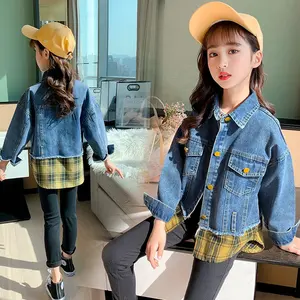 SKYKINGDOM Venta caliente personalizada Denim Casual Plaid Bottom Denim Jacket Outwear Button Patchwork Kids Denim Tops