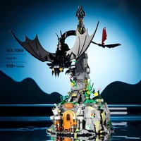 DK7069 Modelo de Escena de Torre de Dragón Negro Fantástico, 998 Piezas, Base de Roca, Diorama, Coleccionable de Escritorio, Juego de Bloques de Construcción para Ensamblar