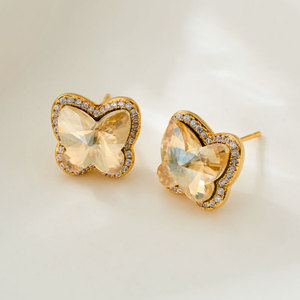 Butterfly Stud <b>Earrings</b> Champagne Gold Zirconium Inlay Party Fashion Jewelry 925 Silver <b>Post</b> EA14714 - Product Image 4