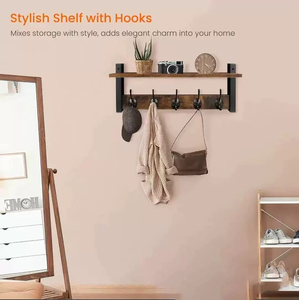 Porte-manteau mural avec étagère, en bois rustique, avec 5 crochets métalliques, <span class=keywords><strong>pour</strong></span> entrée, avec étagère supérieure <span class=keywords><strong>pour</strong></span> le rangement - Product Image 5