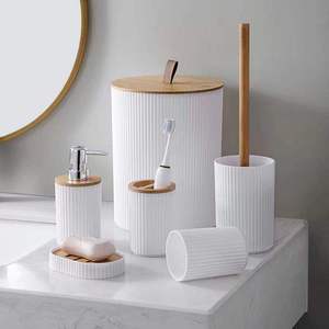 Eco-Friendly 6-Piece Modern Anti-bacterial Bathroom Storage <strong>Set</strong> <strong>Bamboo</strong> Toilet Brush Kit Vanity Cabinet Trash Can Toothbrush - Product Image 5