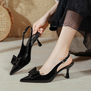 Haut Talons Trendy Wine <b>Red</b> Color Sexy Slingbacks Fancy Bow <b>Heels</b> for Ladies - Product Image 6