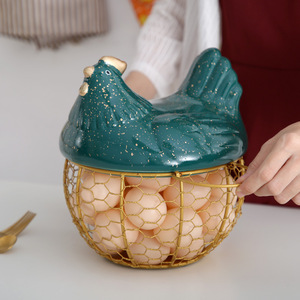 Egg Storage Basket With Handle Flip Top <b>Lid</b> Iron Mesh Chicken Shape Kitchen <b>Decorative</b> Container For Eggs 12 Count - Product Image 1