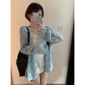 Femmes élégant bleu col en v tricoté Cardigan pull à manches longues creux <span class=keywords><strong>Crochet</strong></span> lâche doux paresseux <span class=keywords><strong>veste</strong></span> pour l'automne - Product Image 4