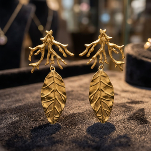 Textured Gold <b>Coral</b> Branch Leaf Drop Earrings Oversized Brushed Gold Big Leaf Dangle Ethnic Engagement Party 18K Gold Plated - Product Image 3