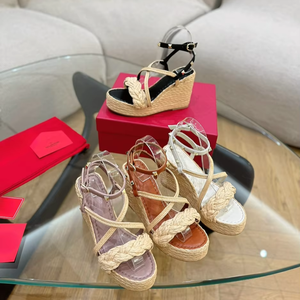 Straw Woven Square Toe Wedge <b>Sandals</b> for Women Summer Evergreen Chunky Heel Exposed Toes Cross Straps - Product Image 1