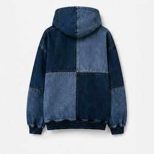 Sweat à capuche en jean pour homme, design patchwork avec poche kangourou, coupe classique, style automne - Product Image 2
